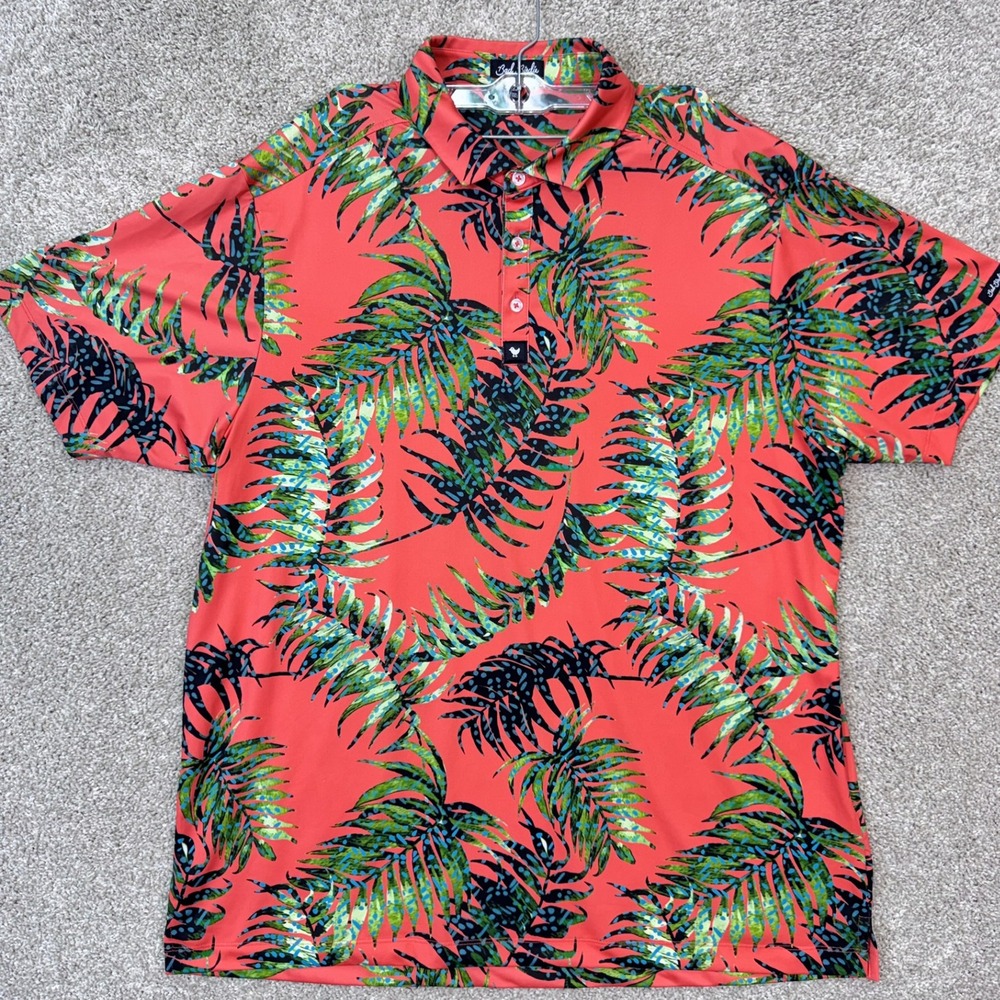 Bad Birdie Golf Polo Mens 2XL Coral Tropical Palm Leaf Performance Short Sleeve